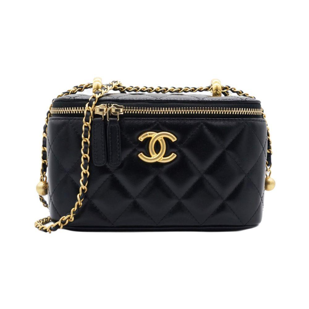 Lambskin Quilted Small Pearl Crush Vanity Case With Chain Black