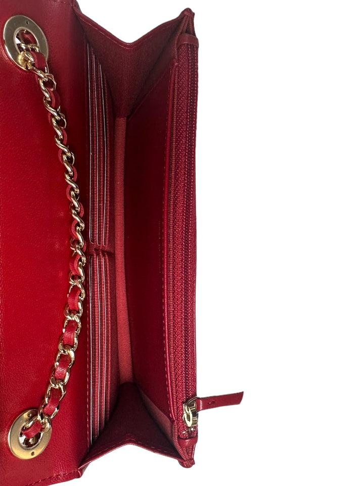 NEW RED LAMBSKIN QUILTED TRENDY CC WALLET ON CHAIN WOC BAG