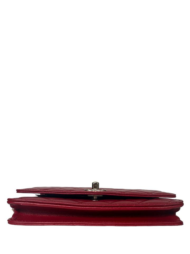 NEW RED LAMBSKIN QUILTED TRENDY CC WALLET ON CHAIN WOC BAG