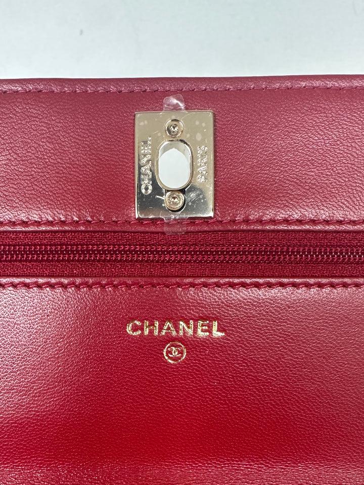 NEW RED LAMBSKIN QUILTED TRENDY CC WALLET ON CHAIN WOC BAG