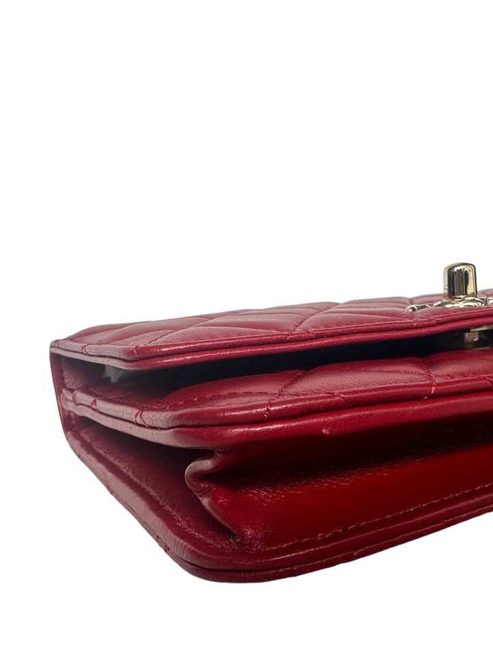 NEW RED LAMBSKIN QUILTED TRENDY CC WALLET ON CHAIN WOC BAG