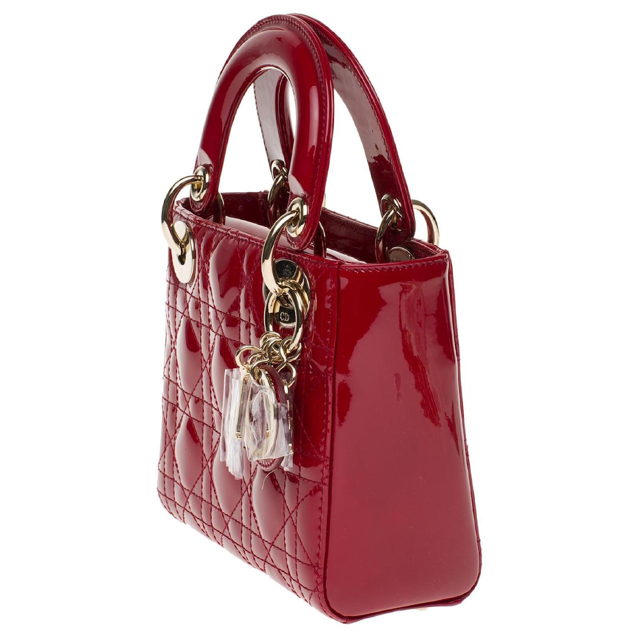 red patent leather Lady Dior handbag.