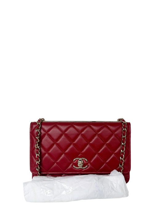 NEW RED LAMBSKIN QUILTED TRENDY CC WALLET ON CHAIN WOC BAG