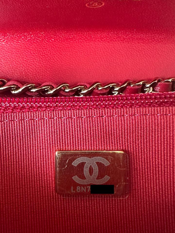 NEW RED LAMBSKIN QUILTED TRENDY CC WALLET ON CHAIN WOC BAG