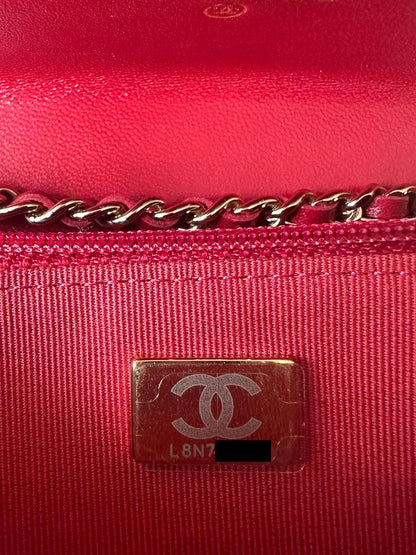 NEW RED LAMBSKIN QUILTED TRENDY CC WALLET ON CHAIN WOC BAG