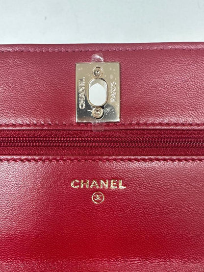 NEW RED LAMBSKIN QUILTED TRENDY CC WALLET ON CHAIN WOC BAG