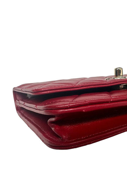 NEW RED LAMBSKIN QUILTED TRENDY CC WALLET ON CHAIN WOC BAG