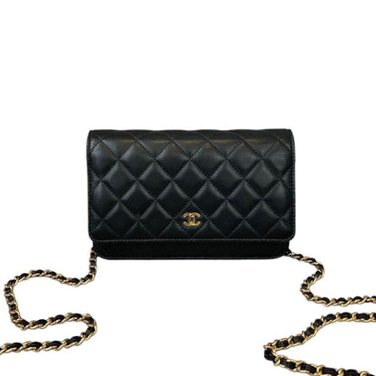 CC Wallet on Chain (WOC) in black quilted lambskin leather with gold hardware