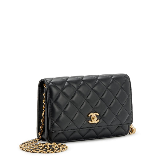 CC Wallet on Chain (WOC) in black quilted lambskin leather with gold hardware