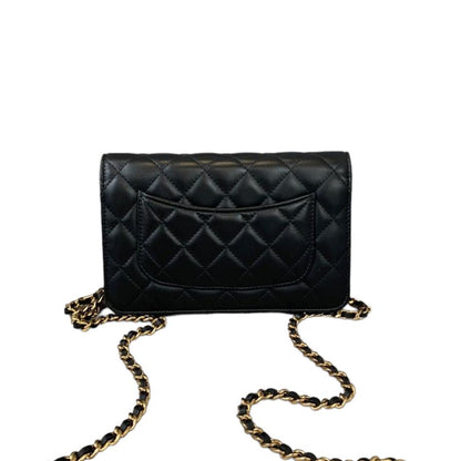 CC Wallet on Chain (WOC) in black quilted lambskin leather with gold hardware